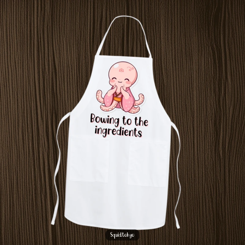 Funny Kawaii Octopus Apron: Cute octopus in a pink kimono bowing elegantly, perfect for a stylish kitchen.