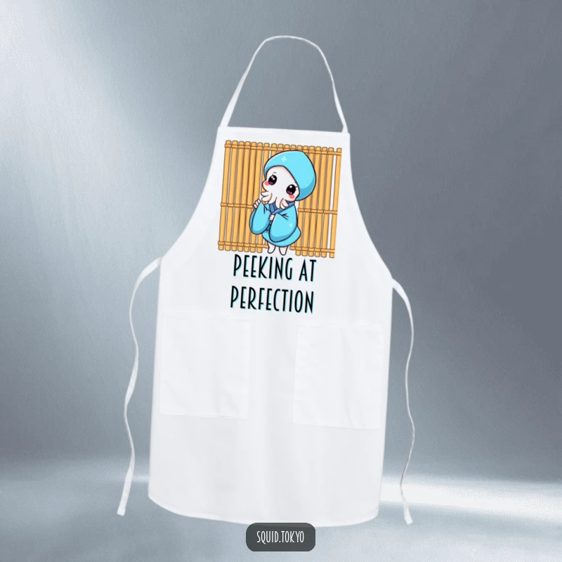 Funny Kawaii Squid Apron: Cute squid in a blue kimono peeking from behind a bamboo screen, perfect for a playful kitchen.