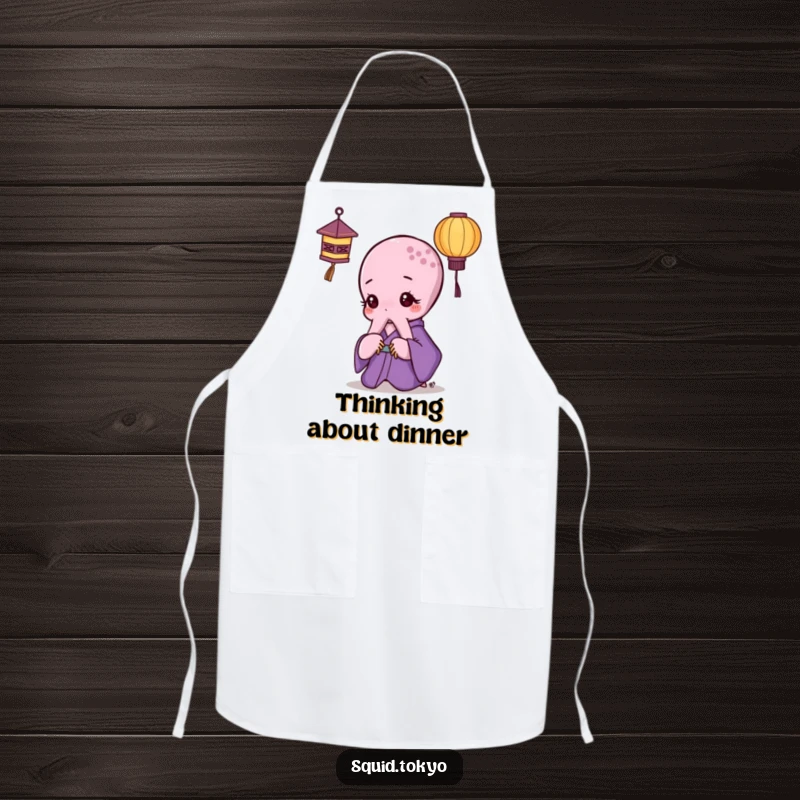 Funny Kawaii Octopus Apron: Cute octopus in a purple kimono looking thoughtfully at a paper lantern, perfect for a mindful kitchen.