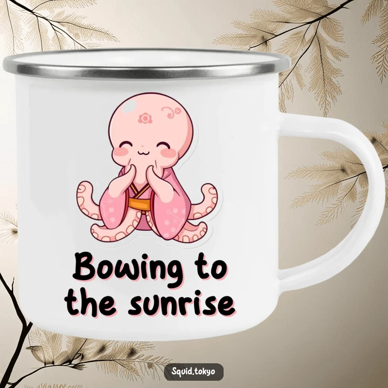 Funny Kawaii Octopus Camping Mug: Cute octopus in a pink kimono bowing elegantly, durable and humorous for outdoor use.