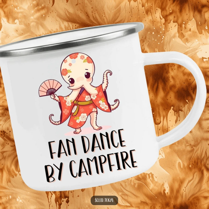 Funny Kawaii Octopus Camping Mug: Cute octopus in a floral kimono doing a fan dance, durable and humorous for adventures.