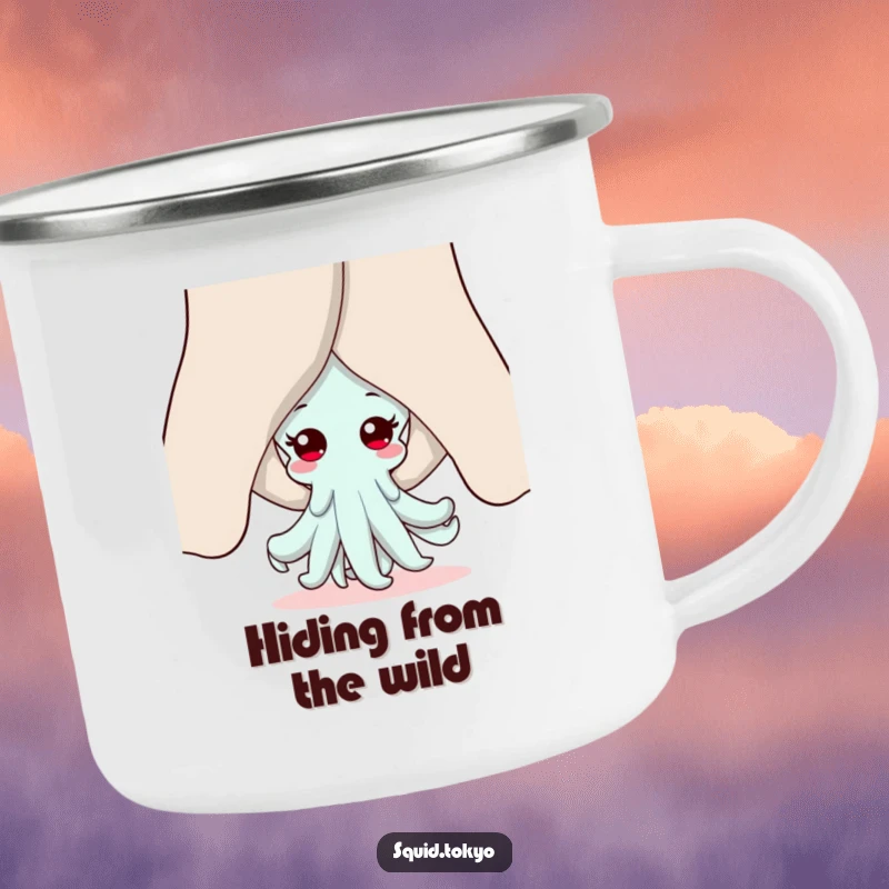 Funny Kawaii squid enamel camping mug, peeking shyly from behind sleeves, ready for outdoor adventures with a cute and playful spirit.