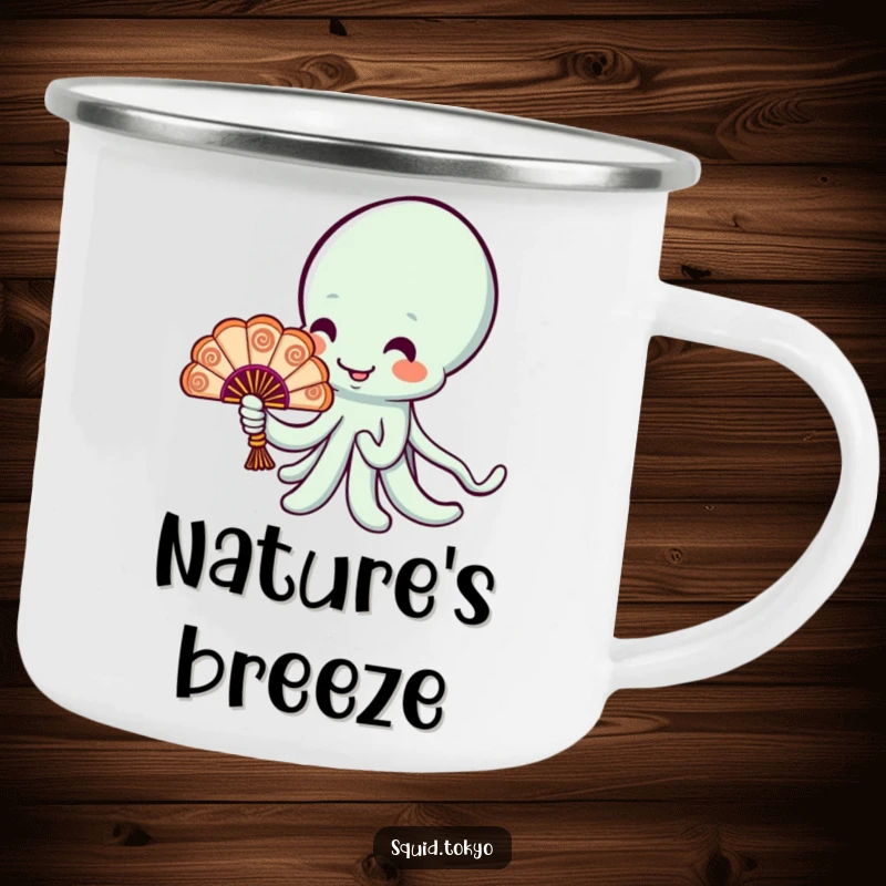 Funny cheerful Kawaii squid holding a tiny ornate fan on a durable camping mug, for elegant outdoor fun.