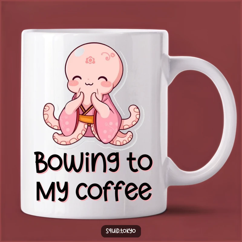 Funny Kawaii Octopus Bowing Mug: Pink Kimono Octopus Gentle Smile Gift