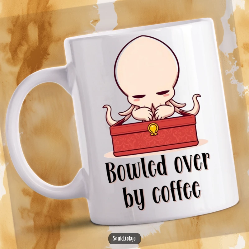 Funny delighted Kawaii squid character bowing elegantly with a lacquered box, a polite and humorous mug design.