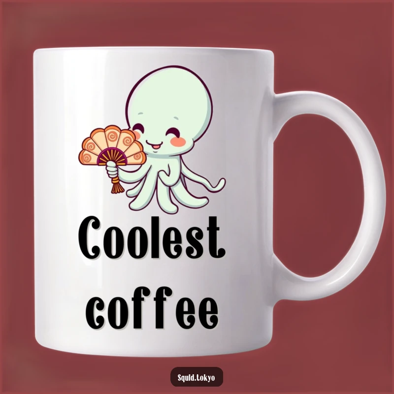 Funny Kawaii Squid Fan Mug - Cheerful Character, Ornate Fan, Delightful Funny Gift
