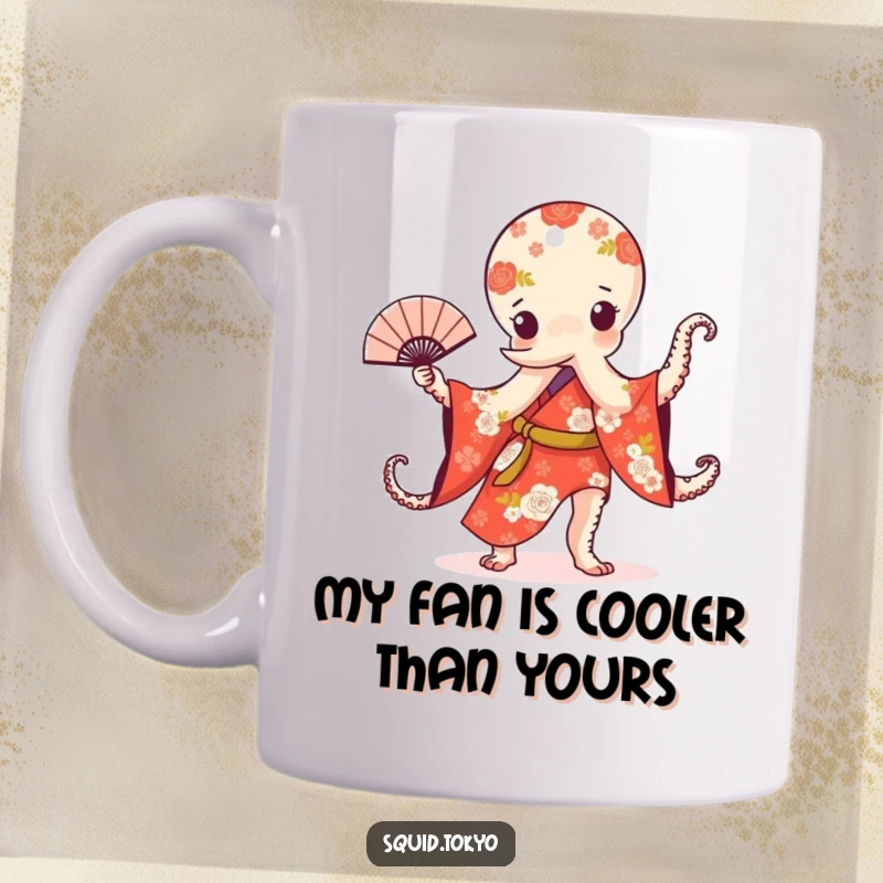 Funny Kawaii Octopus Mug: Cute cephalopod in floral kimono expertly dancing with a fan, radiating grace and humor.