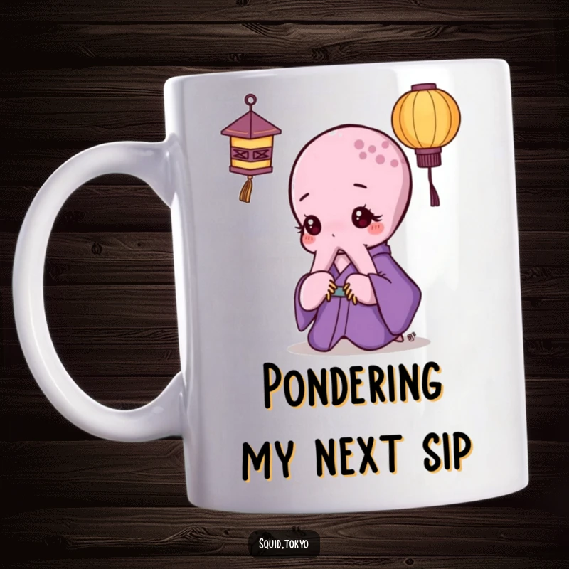 Funny Kawaii Octopus Mug: Curious octopus in purple kimono thoughtfully looking at a miniature paper lantern, serene and cute.
