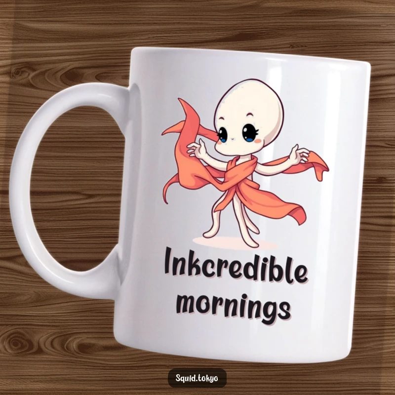 Funny Kawaii squid character elegantly twirling a vibrant silk sash, a whimsical and humorous mug design for art lovers.