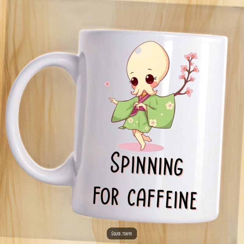 Funny Kawaii Squid Mug: Playful squid in green kimono with cherry blossoms attempting a delicate pirouette, cute and dynamic.
