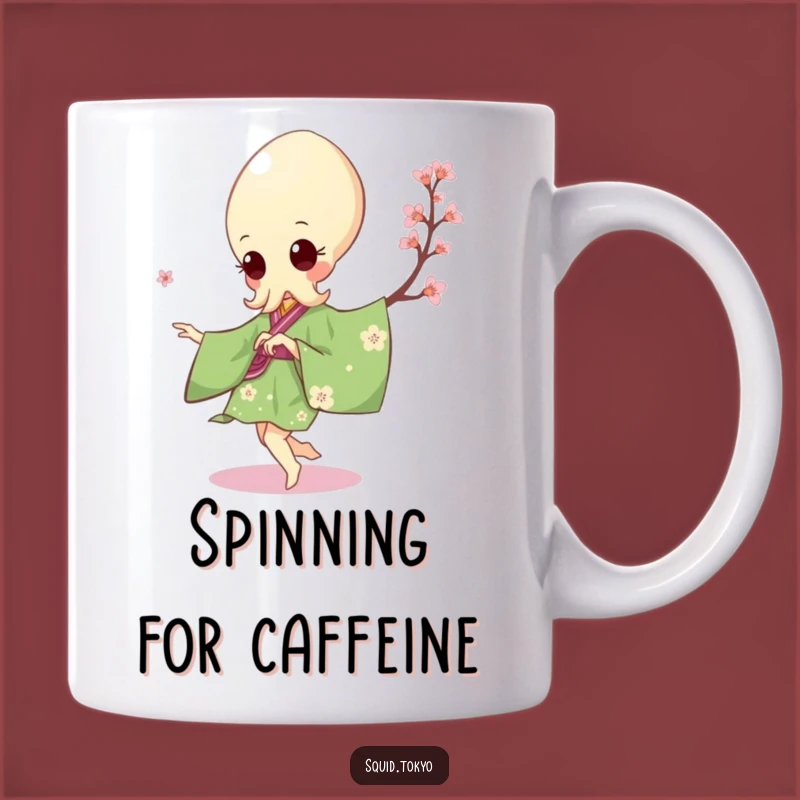 Funny Kawaii Squid Pirouette Mug: Green Kimono Cherry Blossom Gift