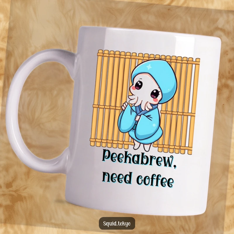 Funny Kawaii Squid Mug: Cheerful squid in blue kimono playfully peeking from behind a bamboo screen, cute and funny.