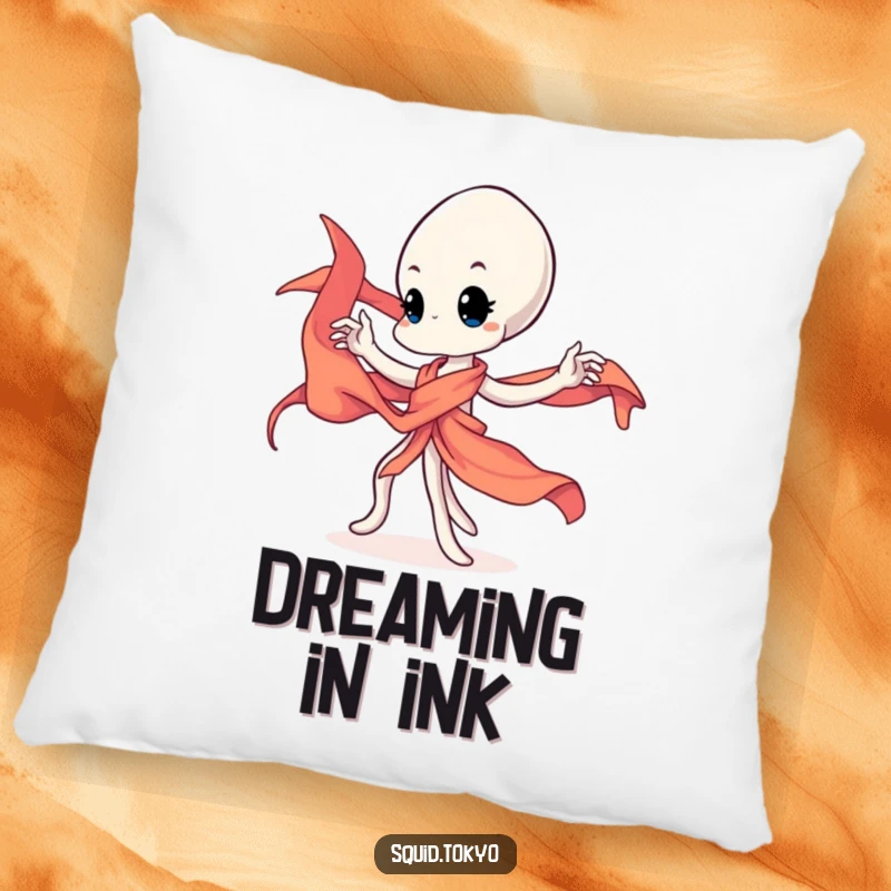 Funny Kawaii squid gracefully twirling a vibrant silk sash on a soft pillow, bringing artistic humor.