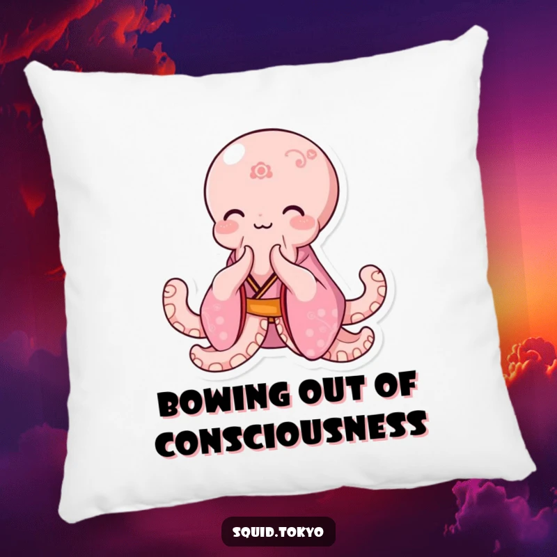 Funny Kawaii Octopus Pillow: Soft cushion with a cute octopus in a pink kimono bowing gracefully with a smile.