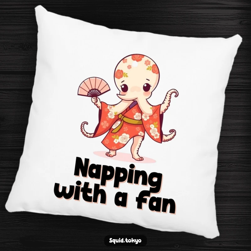 Funny Kawaii Octopus Pillow: Soft cushion featuring a cute octopus in a floral kimono doing a graceful fan dance.