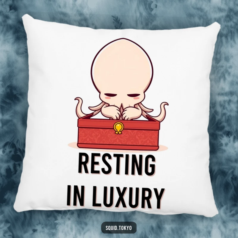 Funny delighted Kawaii squid bowing elegantly with a lacquered box on a soft pillow, bringing sophisticated humor.