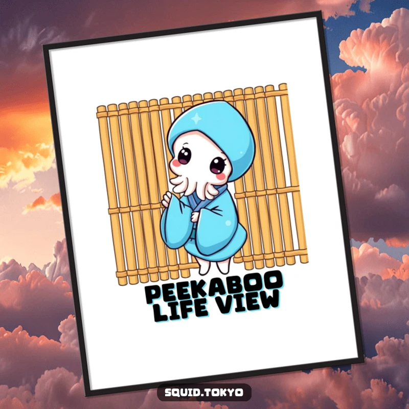 Funny Kawaii Squid Digital Art Print: Cute squid in a blue kimono peeking from behind a bamboo screen, downloadable art.