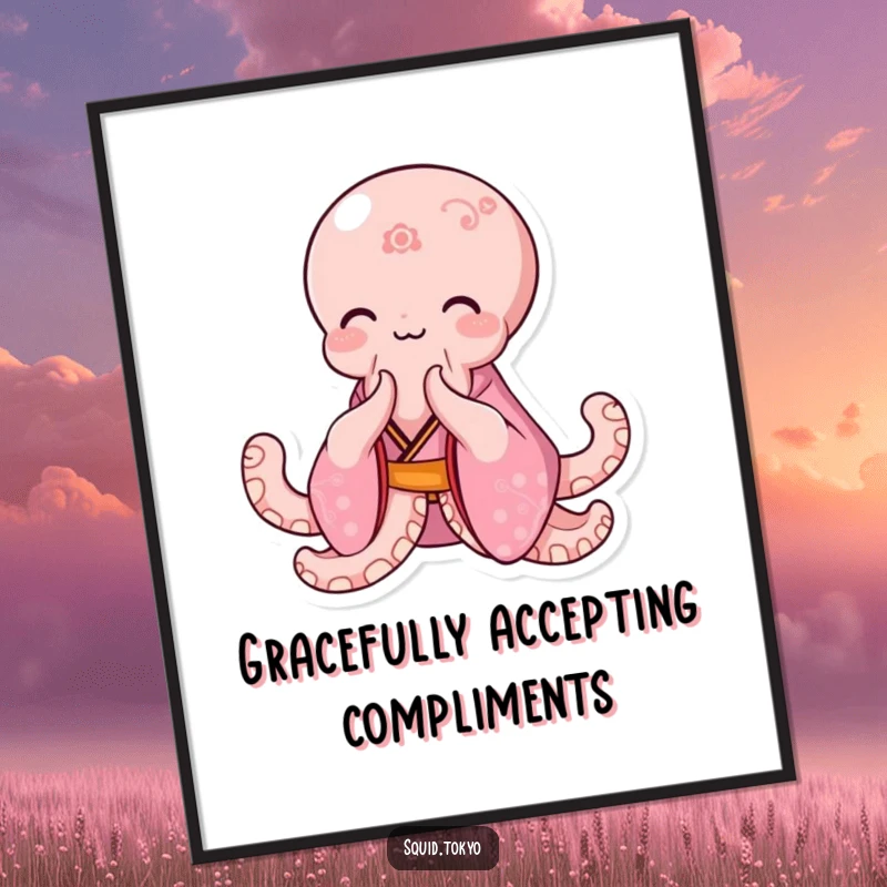 Funny Kawaii Octopus Digital Art Print: Cute octopus in a pink kimono bowing elegantly, downloadable art for charm.