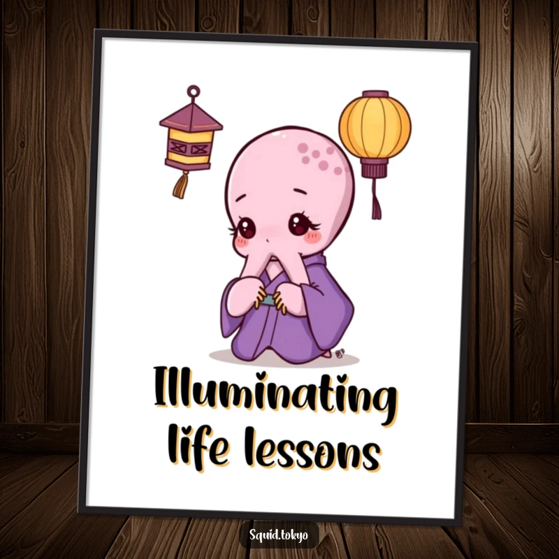 Funny Kawaii Octopus Digital Art Print: Cute octopus in a purple kimono looking thoughtfully at a paper lantern, downloadable art.