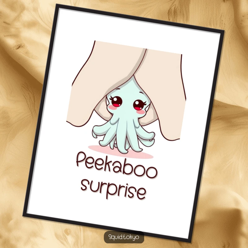 Funny Kawaii squid digital art print, peeking playfully from behind flowing sleeves, showcasing shy amusement and adorable anime charm.