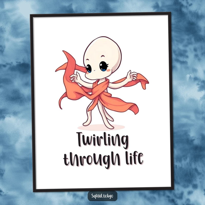 Funny Kawaii squid character gracefully twirling a vibrant silk sash, charming digital art for instant whimsy.