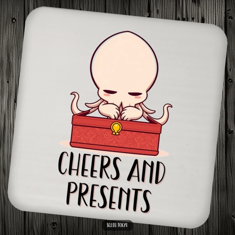 Funny delighted Kawaii squid bowing elegantly with a lacquered box on a coaster, protecting surfaces with polite charm.