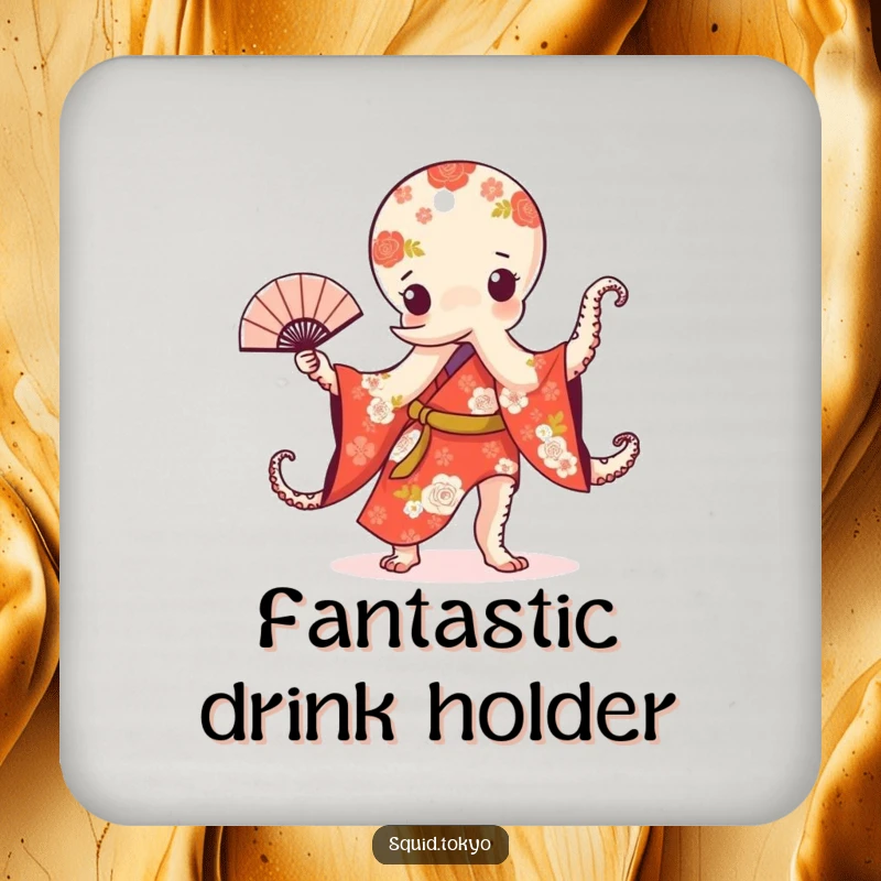 Funny Kawaii Octopus Coaster: Cute octopus in a floral kimono performing a fan dance, protecting surfaces humorously.