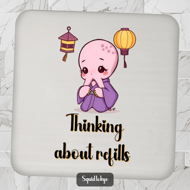 Funny Kawaii Octopus Coaster: Cute octopus in a purple kimono looking thoughtfully at a paper lantern, protecting surfaces with charm.