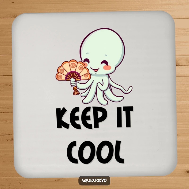 Funny cheerful Kawaii squid holding a tiny ornate fan on a coaster, protecting surfaces with elegant charm.