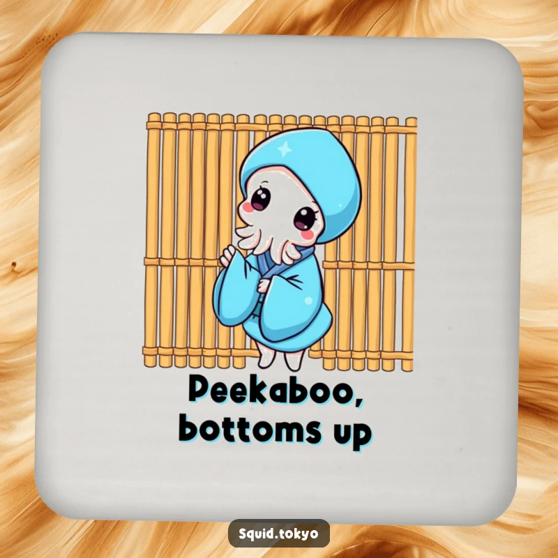 Funny Kawaii Squid Coaster: Cute squid in a blue kimono peeking from behind a bamboo screen, protecting surfaces humorously.