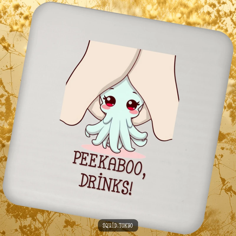 Funny Kawaii squid drink coaster, peeking shyly from behind sleeves, protecting surfaces with cute anime charm and playful personality.