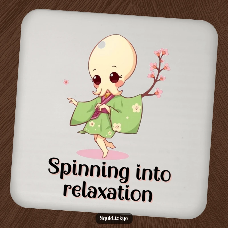 Funny Kawaii Squid Coaster: Cute squid in a green kimono attempting a pirouette, protecting surfaces with style.