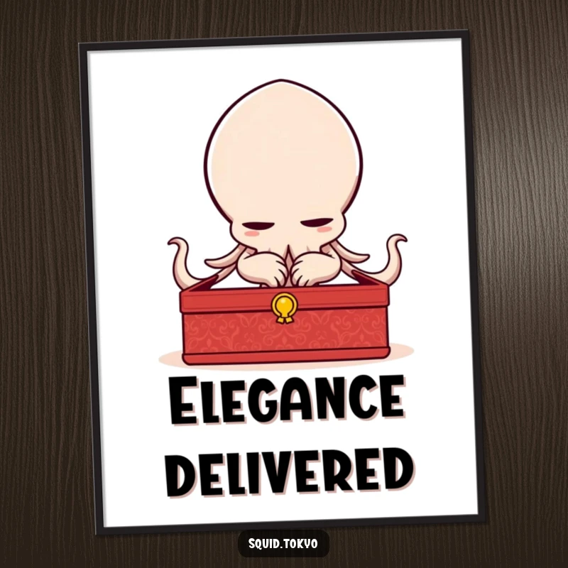 Funny delighted Kawaii squid bowing elegantly with a lacquered box, charming wall art for adding refined humor.