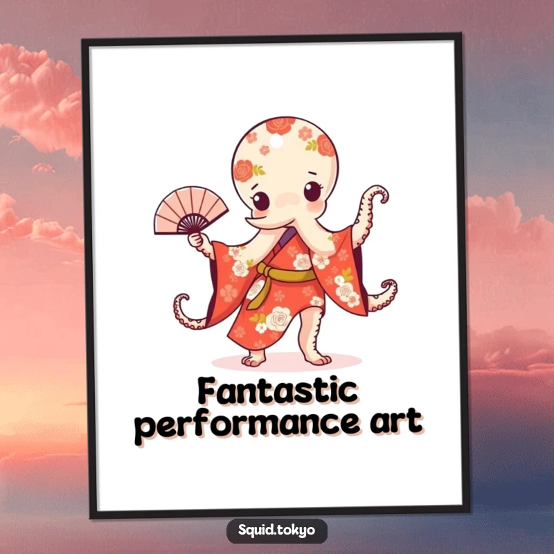 Funny Kawaii Octopus Poster: Cute cephalopod in a floral kimono gracefully dancing with a fan, wall art for humor lovers.