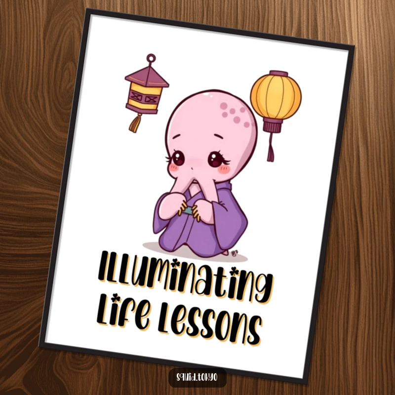 Funny Kawaii Octopus Poster: Cute octopus in a purple kimono thoughtfully observing a miniature paper lantern, serene wall art.