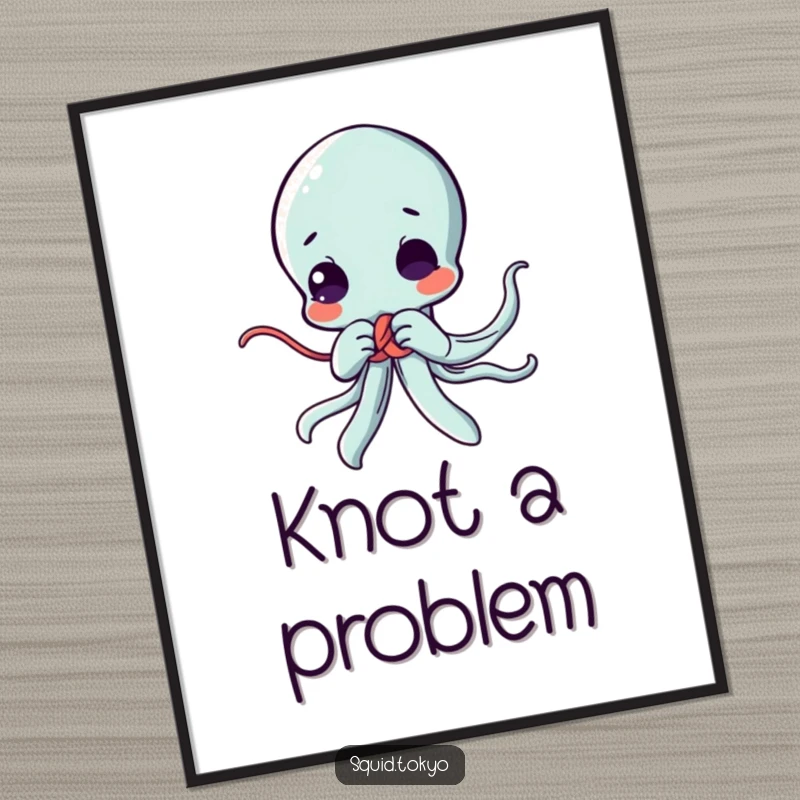 Funny Kawaii squid poster, diligently tying a decorative knot, capturing a moment of cute concentration and artistic skill in anime style.