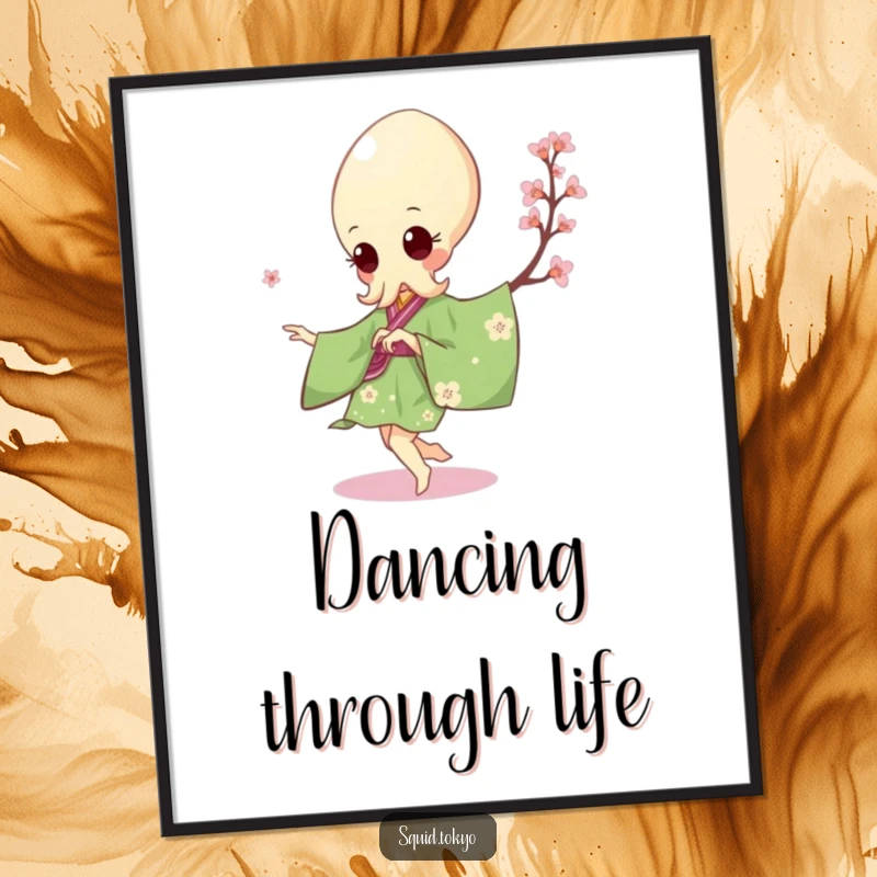 Funny Kawaii Squid Poster: Cute squid in a green kimono with cherry blossoms doing a pirouette, lively wall art.