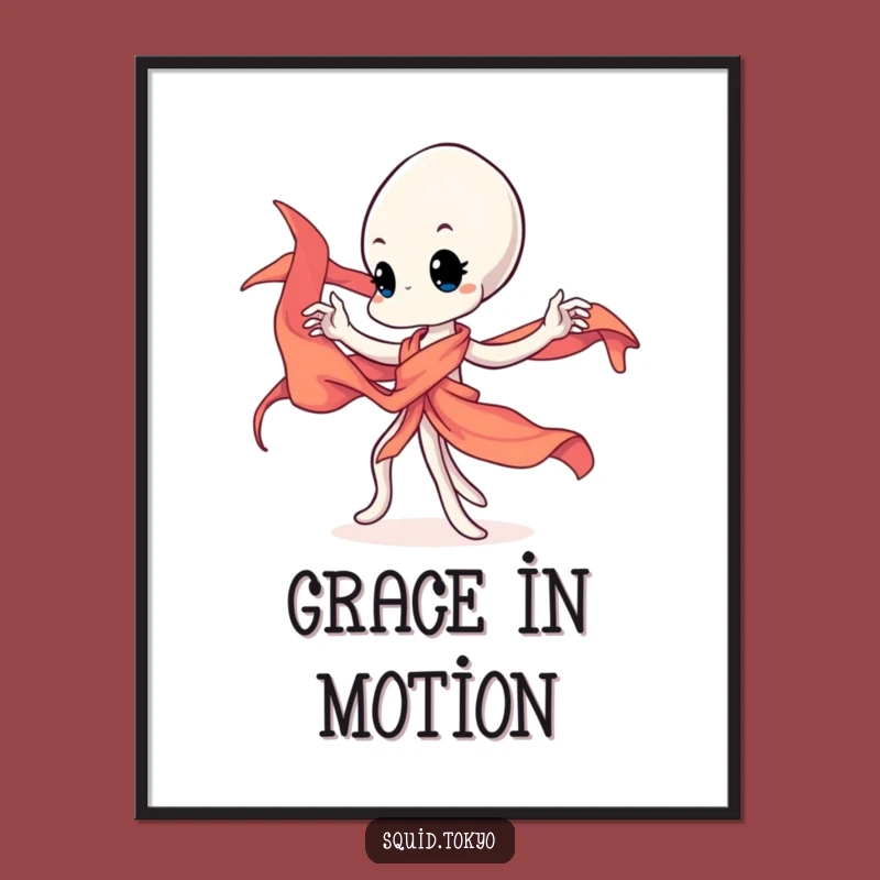 Funny Kawaii Squid Poster - Graceful Dancer Art, Vibrant Sash, Whimsical Wall Decor