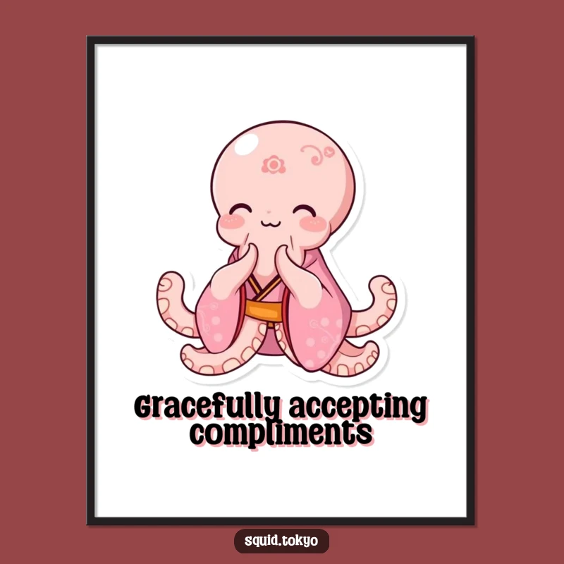 Funny Kawaii Octopus Poster: Pink Kimono Bowing Art Print Gift