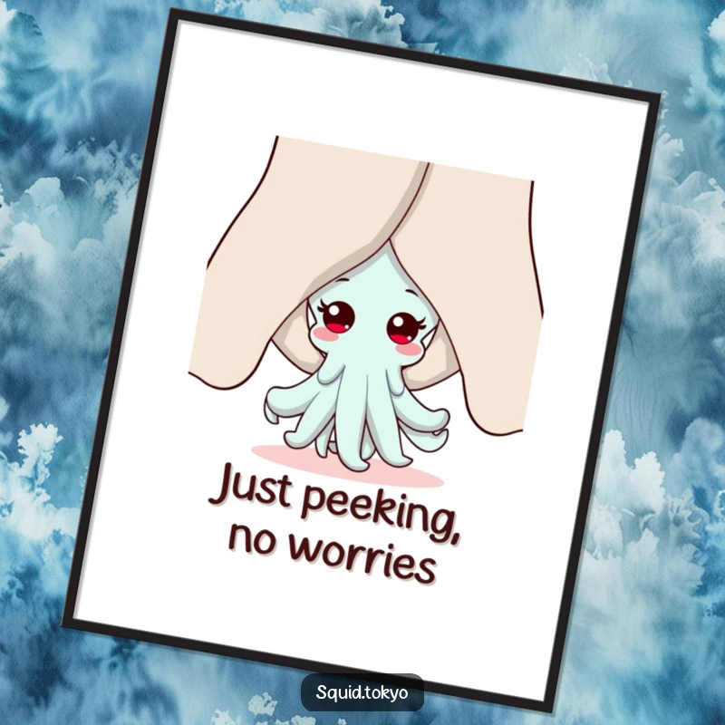 Funny Kawaii squid poster, peeking adorably from behind flowing sleeves, capturing a moment of shy amusement and playful charm.