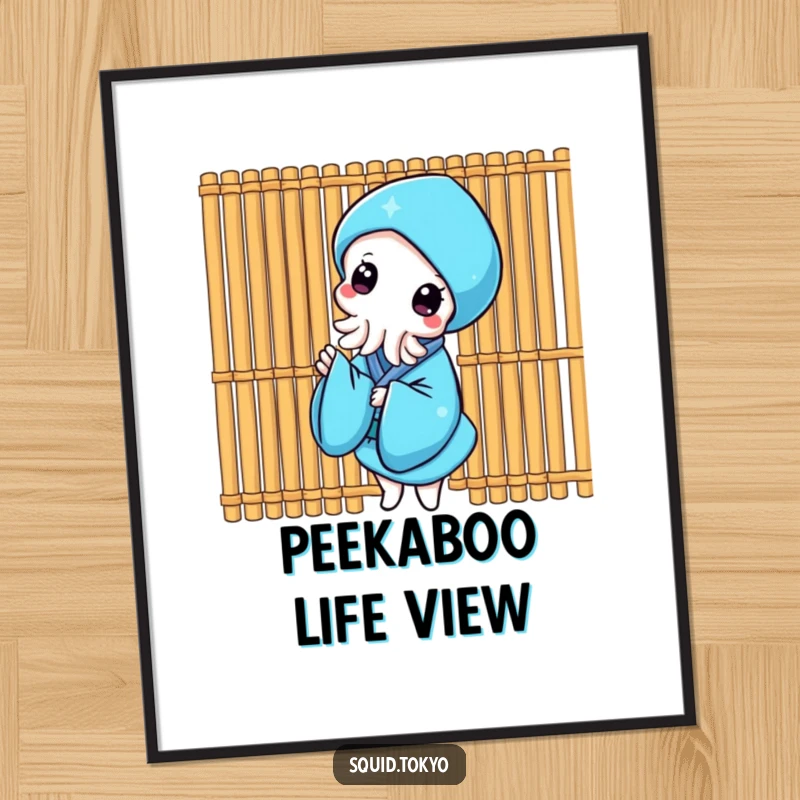 Funny Kawaii Squid Poster: Cute squid in a blue kimono peeking from behind a bamboo screen, playful wall art.