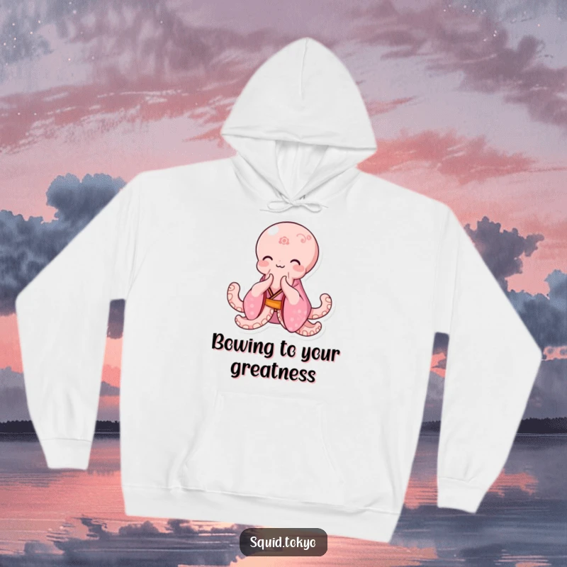 Funny Kawaii Octopus Hoodie: Cute octopus in a pink kimono bowing elegantly with a gentle smile, soft and humorous.