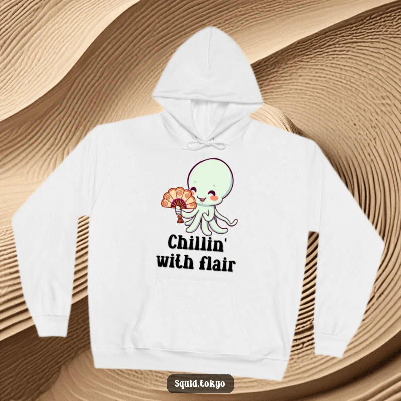 Funny cheerful Kawaii squid holding a tiny ornate fan on a cozy hoodie, ideal for fans of charming art.