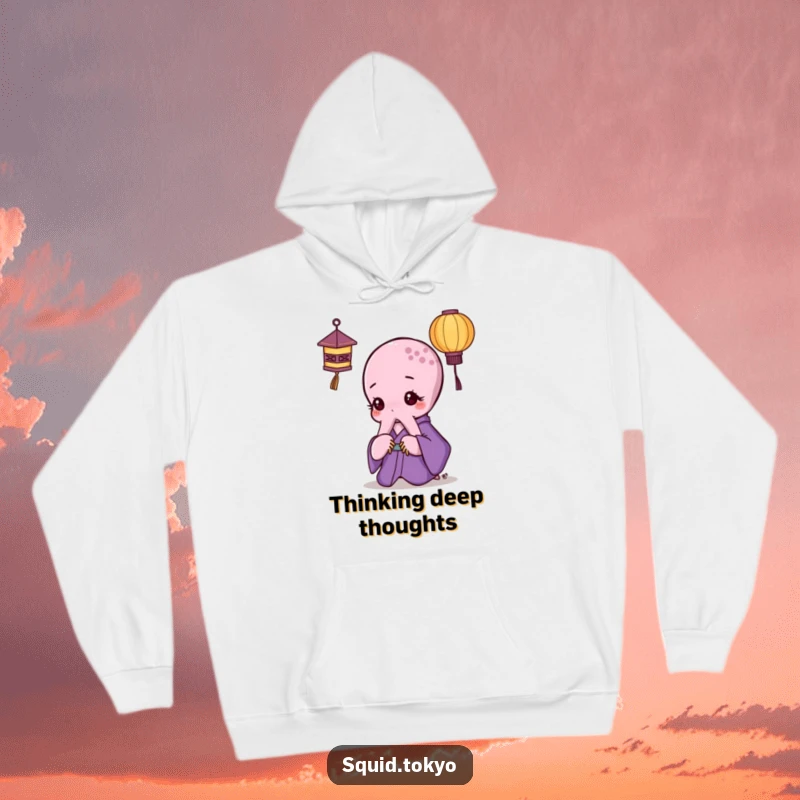 Funny Kawaii Octopus Hoodie: Cute octopus in a purple kimono thoughtfully looking at a miniature paper lantern, soft and humorous.