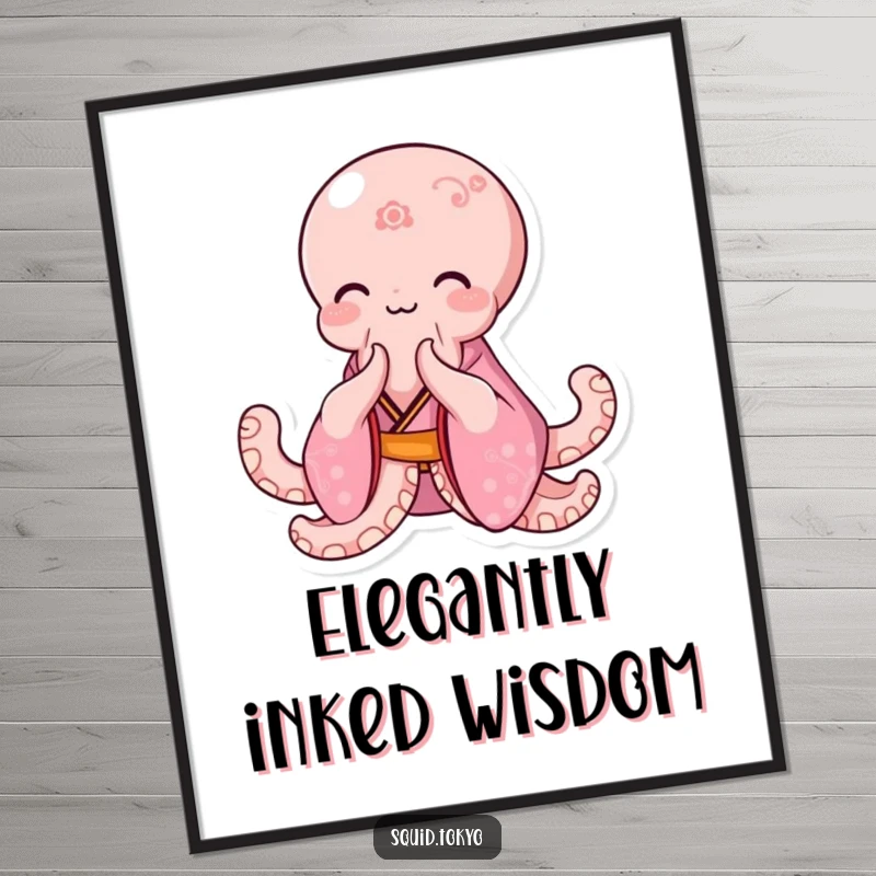 Funny Free Printable Wall Art: Happy Kawaii octopus in pink patterned kimono, bowing elegantly with a smile.