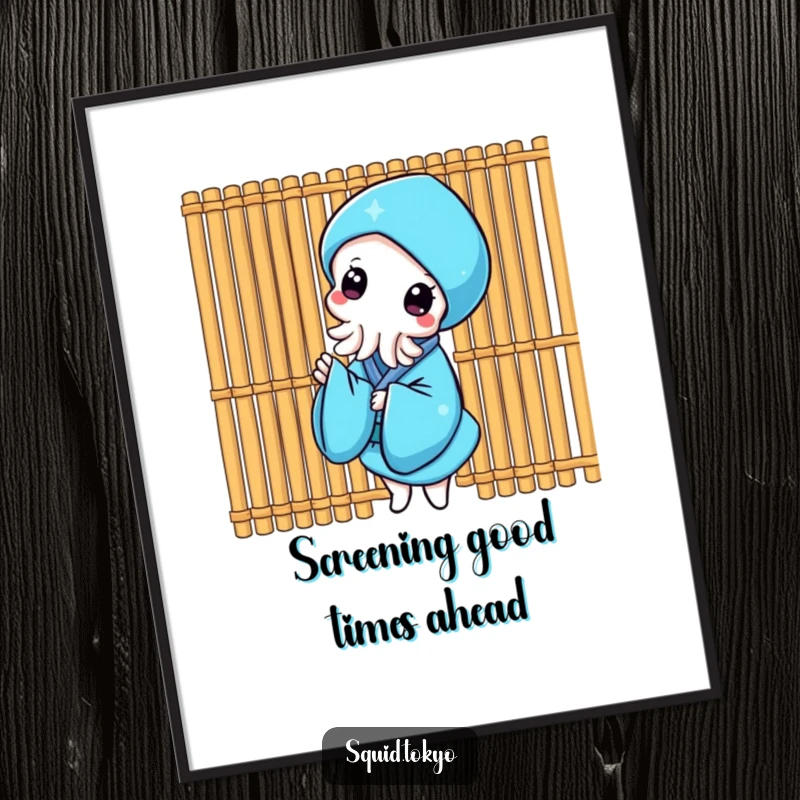 Funny Free Printable Wall Art: Cheerful Kawaii squid in blue kimono peeking from behind bamboo screen.