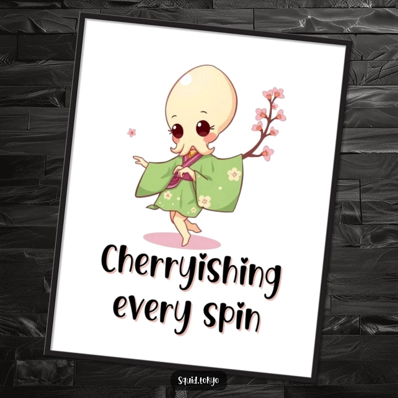 Funny Free Printable Wall Art: Playful Kawaii squid in green kimono with cherry blossoms, attempting a pirouette.