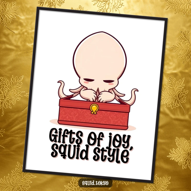 Funny Free Printable Wall Art of a delighted Kawaii squid character bowing elegantly with a lacquered box, embodying refined respect.