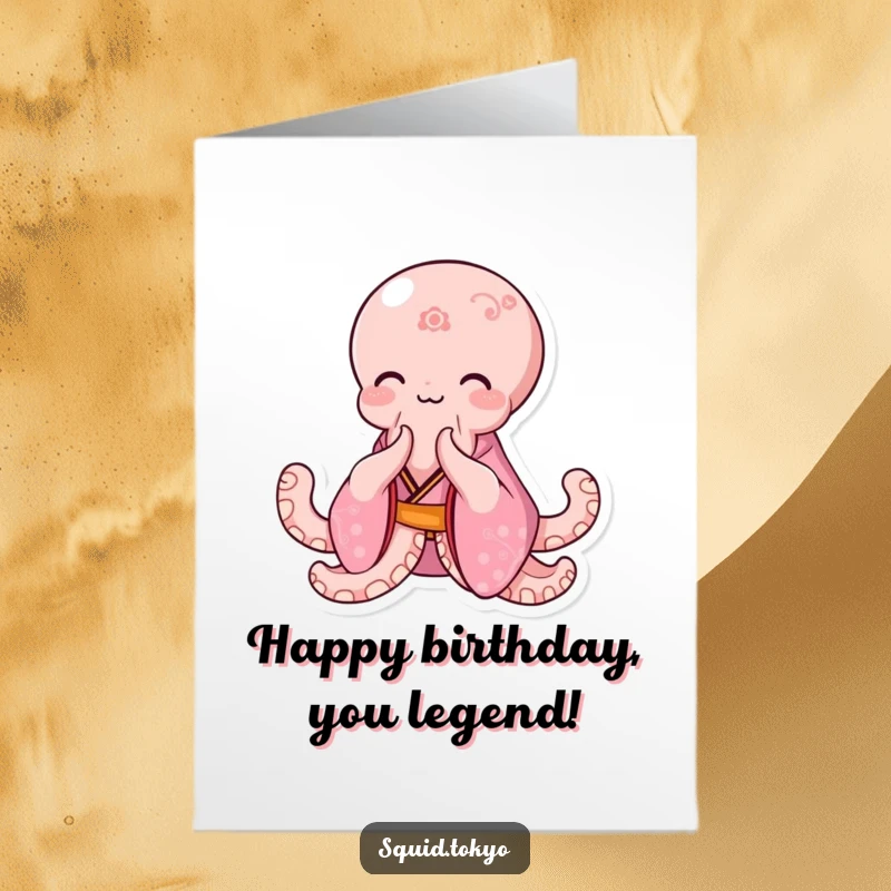 Funny Free Printable Birthday Card: Happy Kawaii octopus in pink kimono bowing elegantly with a smile.