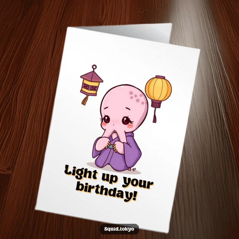 Funny Free Printable Birthday Card: Kawaii octopus in purple kimono looking thoughtfully at a paper lantern.